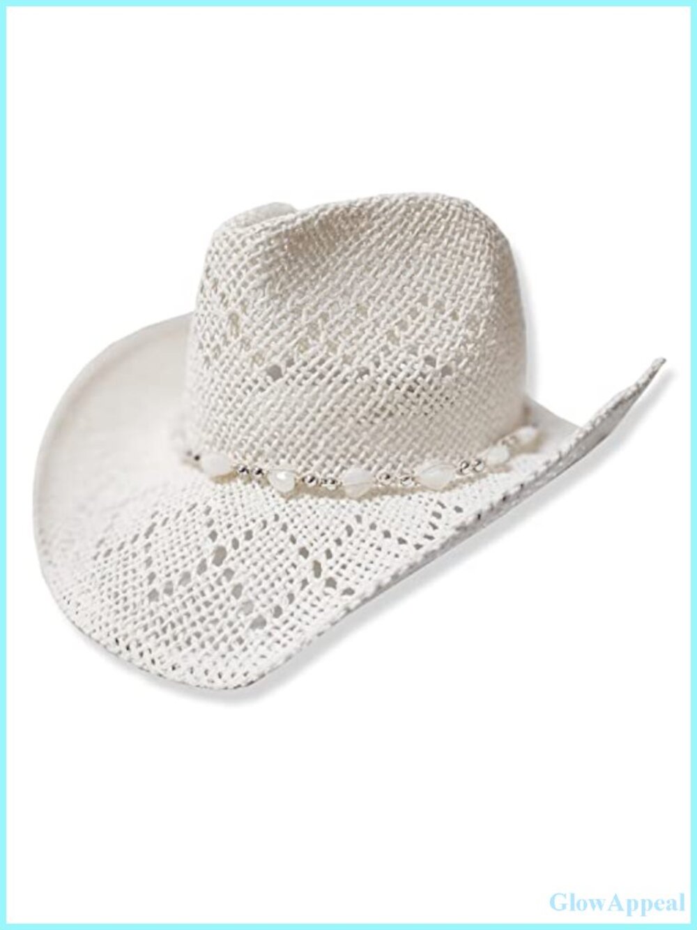 Western Cowgirl Straw Hat Shapeable Brim Beaded Hearts Trim Summer
